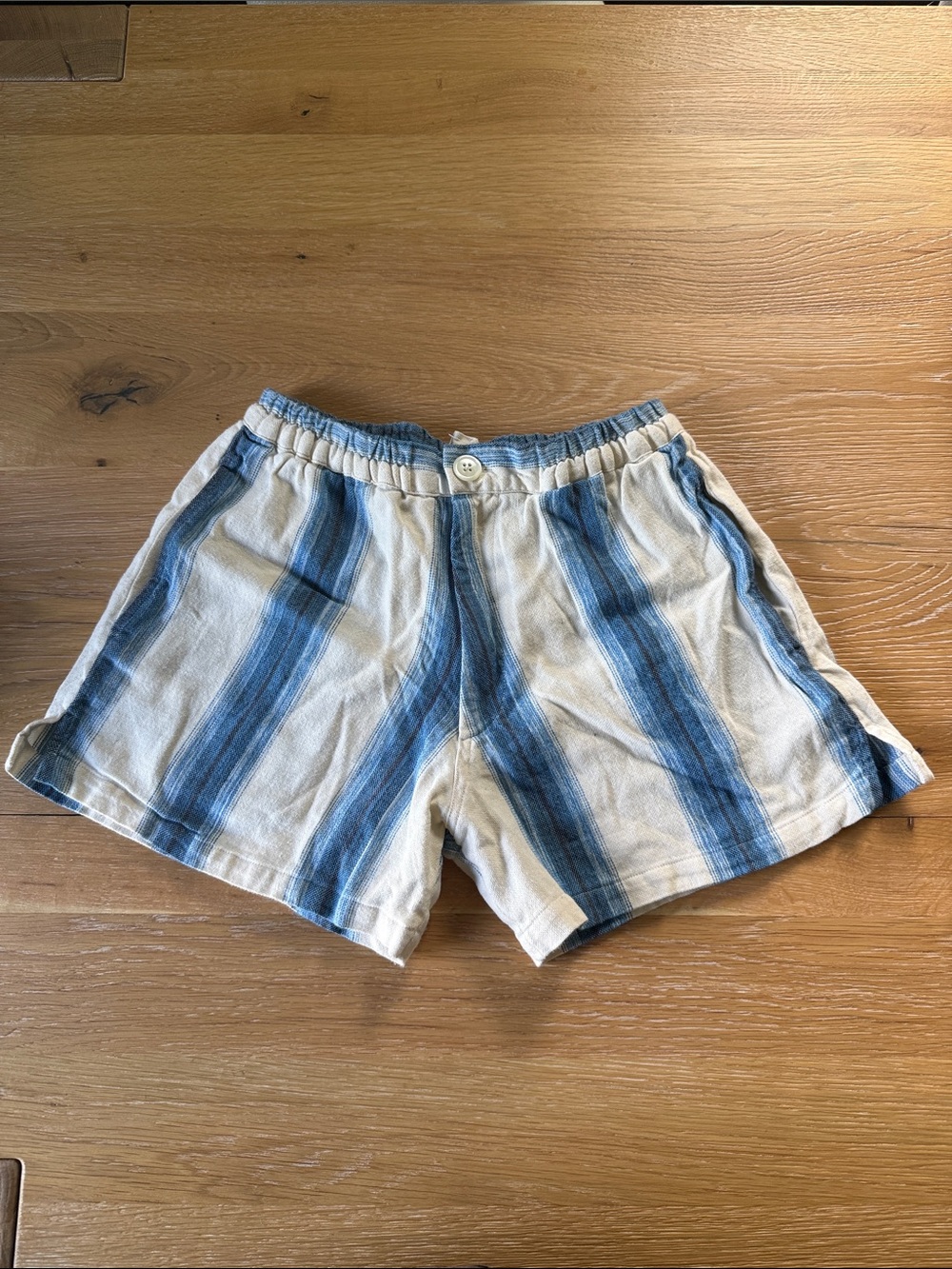 Women's Striped Linen-Blend Shorts in Blue and Cream
